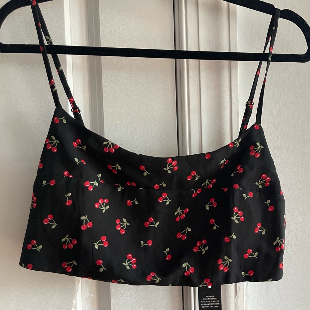 Cherry Print Mini Crop Top with Adjustable Straps & Silver Zipper on Back